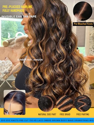Image of Sunber Ombre Brown Balayage Body Wave Human Hair Glueless Wigs Bye Bye Slip Upgrade 3D Cap Pre Cut 7x5 Lace Front Put On Go 3S Wear Pre Plucked Invisible Knots Highlights Brown Body Wave Wig 18Inch