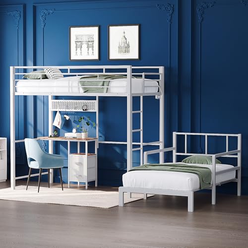 Image of VINGLI Twin Over Twin Bunk Bed with Desk, 15'' Extra High Guardrail Loft Bed with LED Lights,2 Charging Station,and 2 Storage Drawers,2 Deckers Bed,Metal Space Saving Platform Bed with Vanity,White