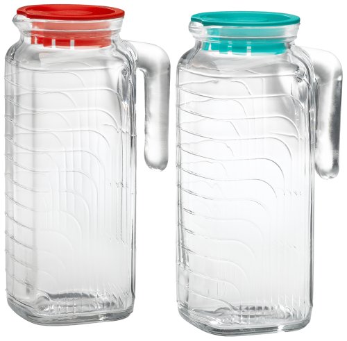 Bormioli Rocco Gelo 2-Piece Glass Pitcher Set with Lids, Red and Green 1.2 liter