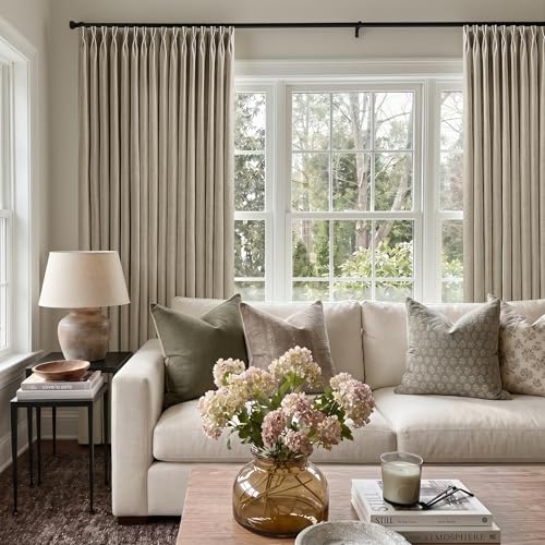 Image of 96 Inches Long Pinch Pleated Semi Sheer Curtains Brown 50x96 | Sliding Door, Memory Training Shaped, Light Filtering, Privacy, Thick Linen, Hooks Rings, Back tab, Tan, Chocolate