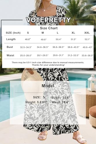 VOTEPRETTY Jumpsuits for Women UK Short Sleeve Square Neck Smocked Wide Leg Long Playsuit One Piece with Pockets Black White Flower,L - Image 7