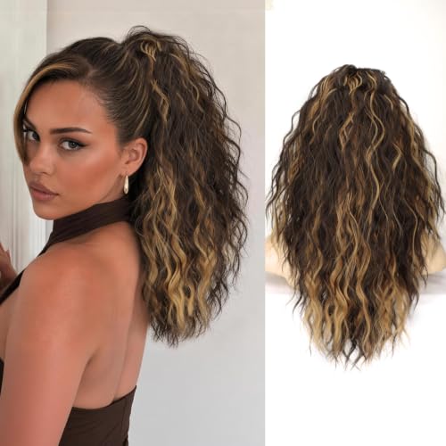 ORSUNCER Claw Clip Ponytail Extension 18 Inch Wavy Pony Tails Hair Extensions Layered Fluffy Clip on ponytails for Women Synthetic Hairpieces Dark Brown Caramel Balayage