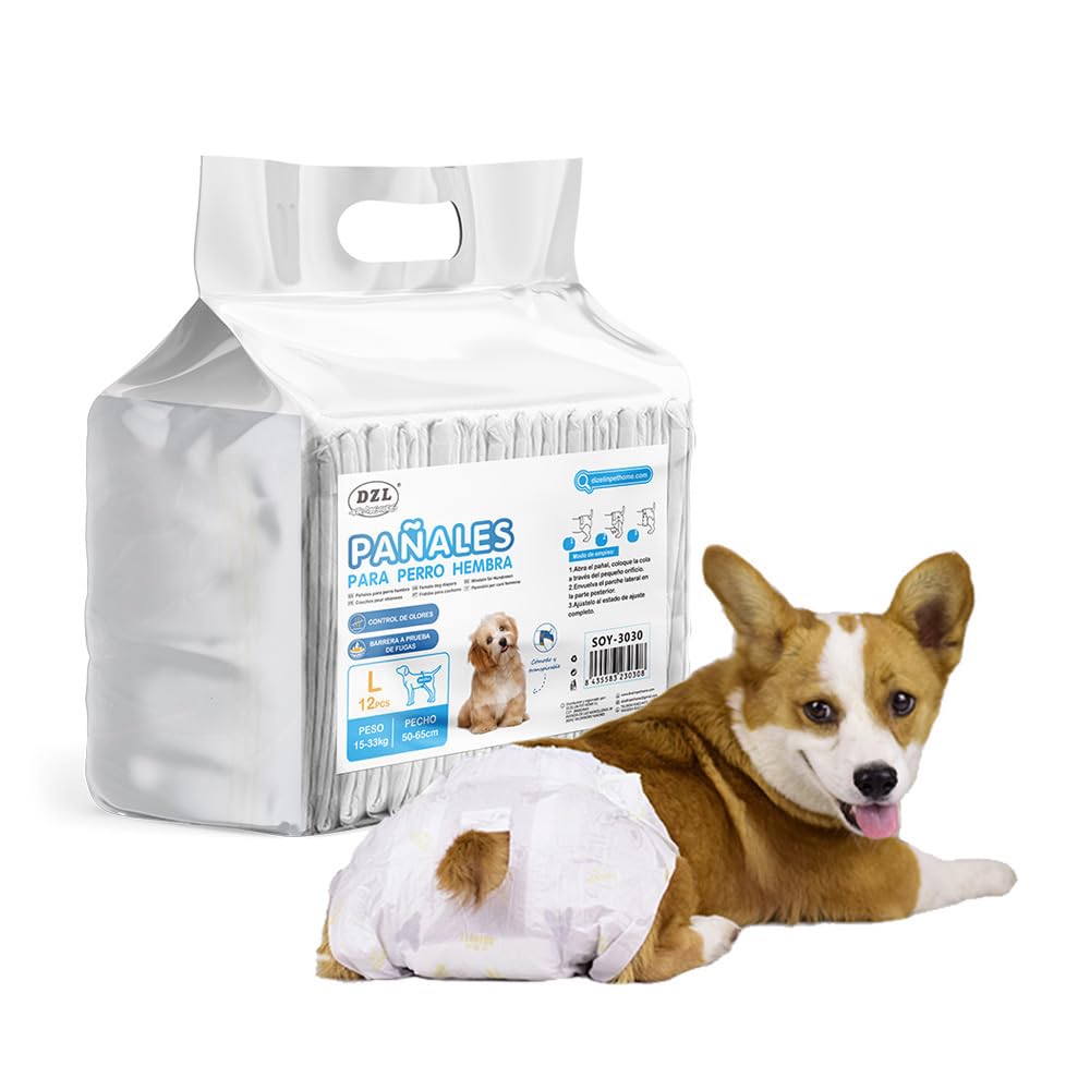 Pañales Desechables para Perro | Pañales para Perros Hembra | Pañal Sanitarios| Bragas Higiénicas Suaves absorbentes (Talla L)