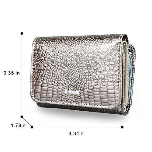 Top Shiny Leather Wallet for Women | Crocodile Pattern Leather | RFID Blocking |Magnetic Buckle Tri-Fold Design (silver)4