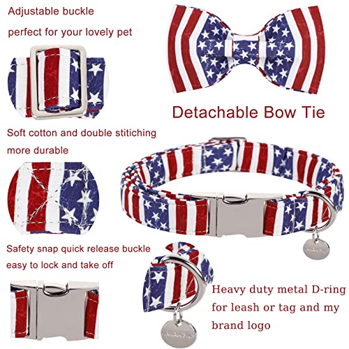 Image of Dog Collar with Bow Tie, 4th of July Comfortable Cotton Dog Collar, American Flag Collar for Puppy Girl Boy Dog or Cat, Patriotic Bowtie Collar with Metal Buckle, XS