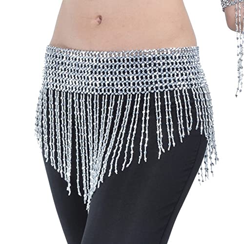 Ymnilian Belly Dance Hip Scarf,Belly Dance Skirt Belly Dancing Triangular Waist Chain Hip ​Beads Tassel Bells Scarf Dance Belt Silver Golde(Silver Belt)