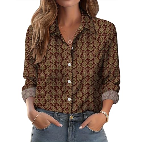 Cobiako Womens Button Down Shirts Vintage Graphic Boho Floral Printed Long Sleeve Classic Collared Business Tops for Women,6-Boho Floral,XL