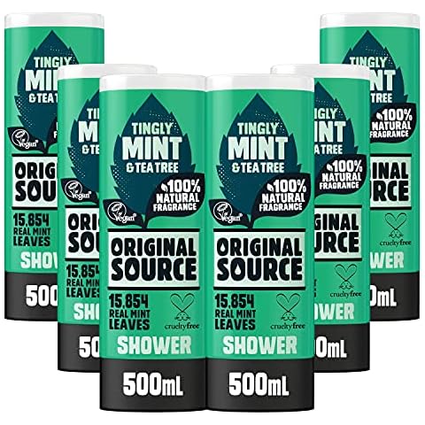 Original Source Mint & Tea Tree Shower Gel, Large Vegan Shower Gel, Paraben Free Body Shower, 100% Natural Fragrance, Multipack of 6 x 500 ml Cover