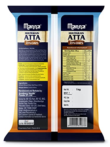 Image of Manna Multigrain Atta with 35% Oats 5Kg, Certified Low GI, Helps Reduce Cholesterol, Diabetic Friendly Atta, 100% Natural 1Kg (Pack of 5)