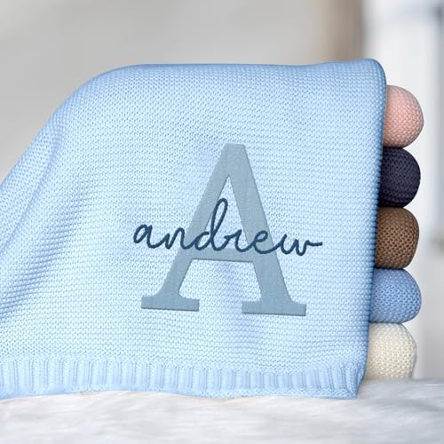 Mondily Embroidered Baby Blanket with Big Monogrammed Name, Personalized Stroller Blanket, Photography Props, Custom Knit Blankets