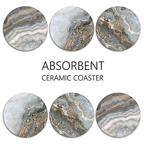 Coaster For Drinks Set Of 6, Grey Marble Golden Stone Agate Absorbent Round Ceramic Stone Mat, With Cork Base And Metal Holder, Gift For Housewarming Room Bar Decor #TOP5