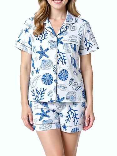 Women's 2 Piece Pajamas Set Short Sleeve Button Down Shirt and Shorts Cute Print Sleepwear Pjs Sets3