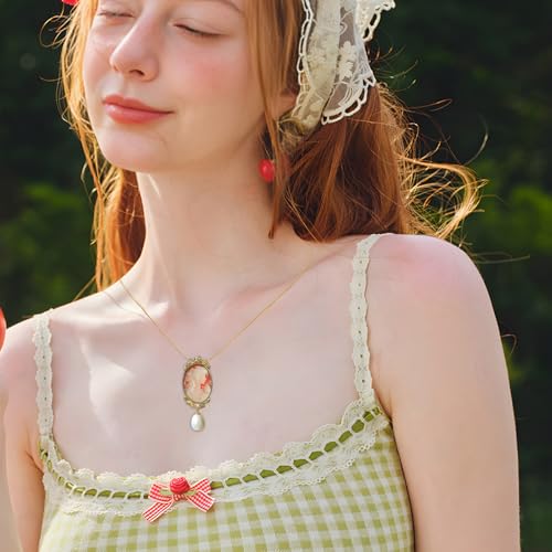 Cameo Pendant Necklaces Antique, Necklace/Brooch Women's Agate Cameo in 14K Gold Frame with Freshwater Pearl Vintage Jewelry Gifts4