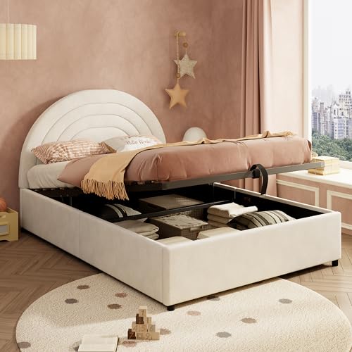Kebnor Cama tapizada, cama infantil con somier y cabecero, cama juvenil, adecuada para adultos y adolescentes, listones de madera, fácil montaje, terciopelo (beis, 140 x 190 cm)