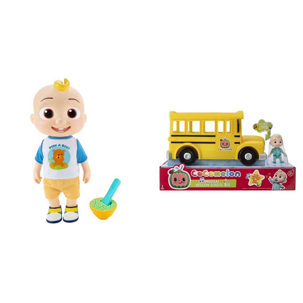 CoComelon Deluxe Interactive JJ Doll - Includes JJ, Shirt, Shorts, Pair of Shoes, Bowl of Peas, Spoon - Toys for Preschoolers & CMW0015AZ Musical Yellow School Bus Learning Toy, Multicolour