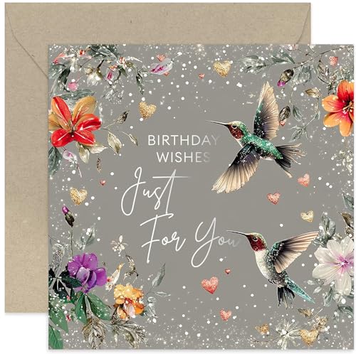 Image of Special Birthday Cards for Women, 'Just For You' Stylish Gifts for Her, Colourful Hummingbird Hearts Flowers Design, Premium Female Presents for Mum Daughter Sister Wife Auntie - Blank Inside