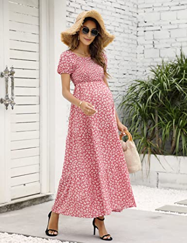 Coolmee Women's Smocked Elastic Waist Tiered Maxi Dress Square Neck Puff Sleeve Ruffle Maternity Maxi Dress Pinkdlf S #TOP3