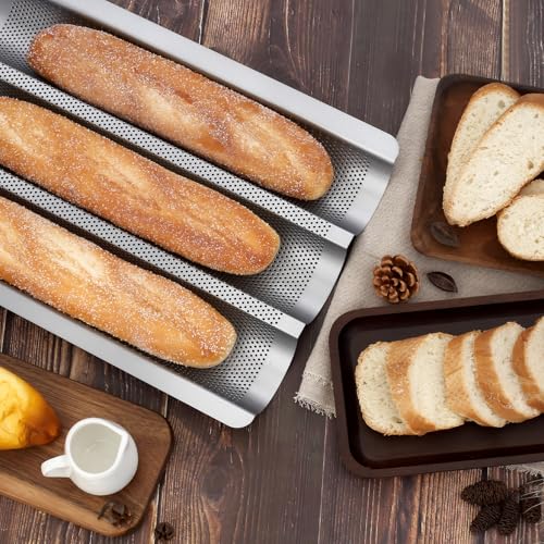 Pleafind Baguette Mould for 3 Baguettes with Non-Stick Coating, Baguette Baking Tray with 3 Slots, Deep Fluted, Perforated Baguette Tray, Baguette Mould Bread Baking Accessories (Silver) - Image 8