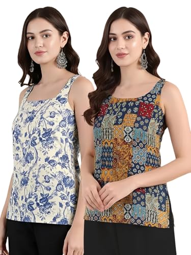 Image of Pinkmint Women Cotton Blend Printed Short Kurti Top (Pack of 2) | Stylish Casual Wear | Sleeveless Top | Back Dori Design | Comfortable Kurta Tops