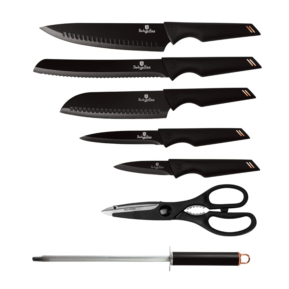 Berlinger Haus, Set de Couteaux de Cuisine Haut de Gamme, 8 Pièces avec support en acrylique, couleur black- rose gold, en acier inoxydable avec revêtement noir antiadhésif, Collection Black Rose