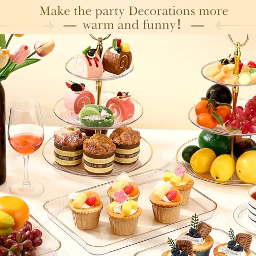 Yiyiring 6 Pcs Clear Cupcake Display Stand Set 3 Tier Dessert Display Serving Tower Tray with Gold Rim Rectangle Serving Trays Cake Stands for Wedding Birthday Tea Party