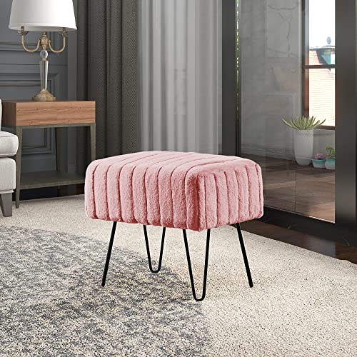 Home Soft Things Super Mink Faux Fur Pink Ottoman Bench, 19" X 13" X 17", Rose Smoke, Living Room Foot Rest Stool Entryway Makeup Bench End Of Bed Bedroom Home Decor Chair For Sitting #TOP4