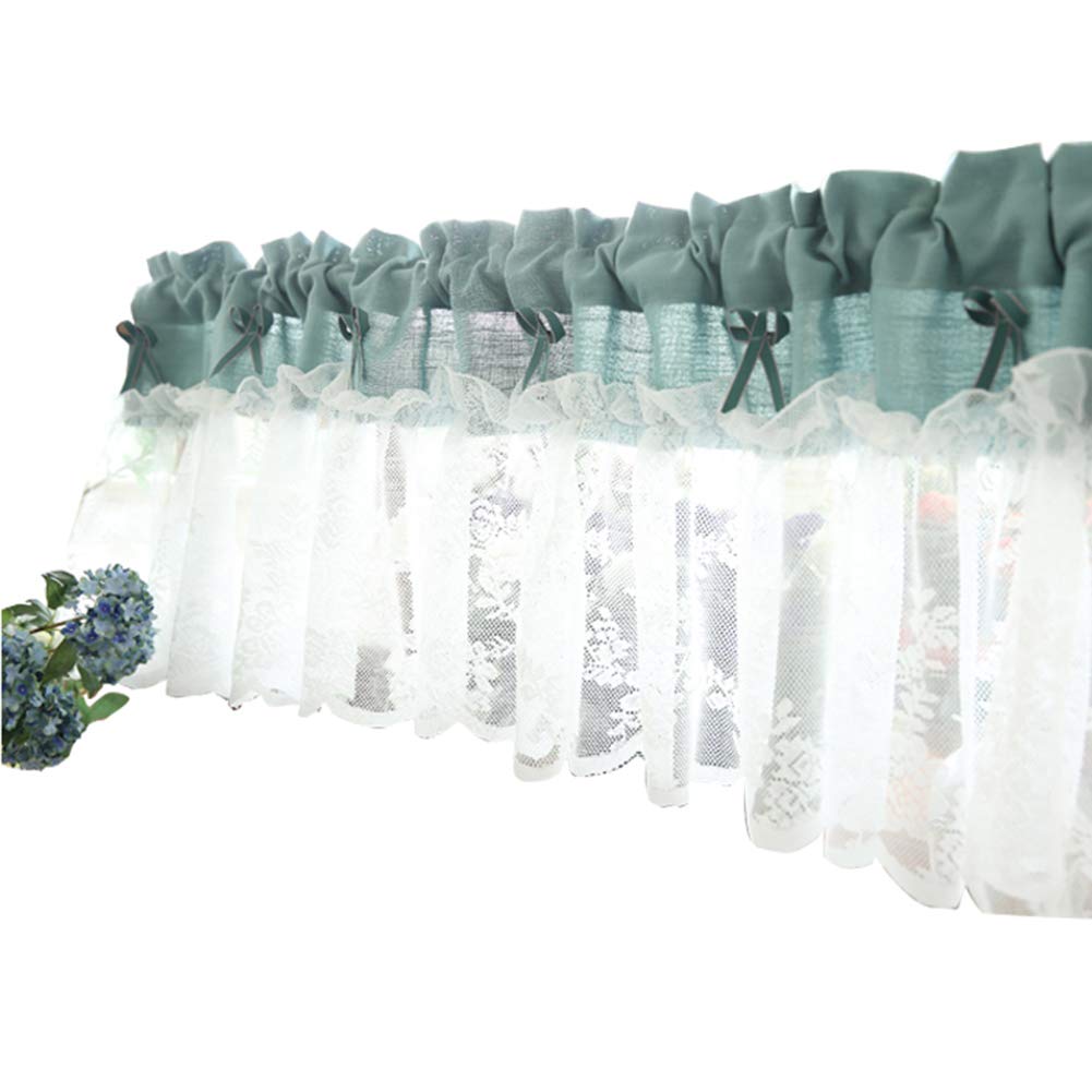 CRYSEU Short Curtains, White Sheer Lace Curtain Valance for Window/Kitchen/Living Room/Cafe, Rod Pocket Top Window Curtain Short Drapery, White/Blue(W150xH40cm/W59xH16in)