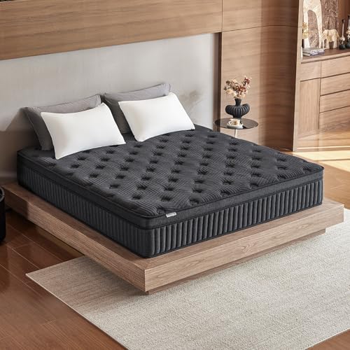 Futkebi Queen Mattress 12 Inch, Medium Firm Hybrid Mattress in a Box with Memory Foam & Pocket Coils, Cooling Breathable Cover, Low Motion Transfer, Reinforced Edge Support, Dark Gray