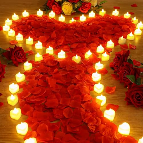 FRNYFREL 100 Pieces Artificial Rose Petal with 24 Pack Romantic Heart Led Candle Flameless Love Led Tealight Candle for Valentine's Day Gift Romantic Night Anniversary Table Decor (Warm White Light)