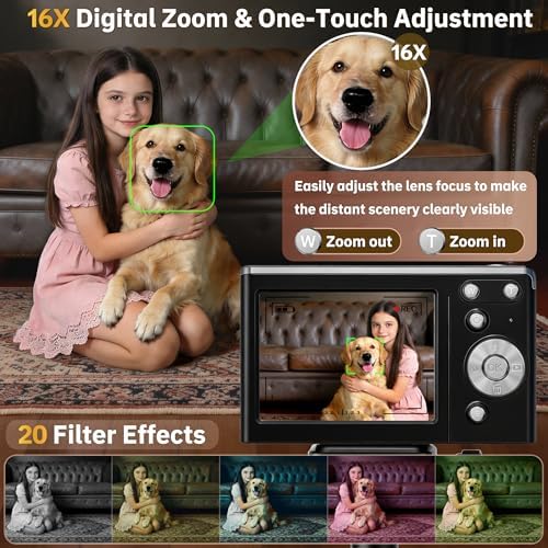 4K Digital Camera for Photography Autofocus,16X Zoom, 50MP Portable Compact Point and Shoot Digital Camera,Compact Travel Cameras for Beginners with 32GB Card, 2 Batteries, Black - 4