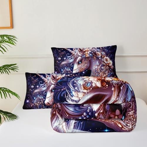 Image of Black Unicorn Comforter Set King Size,Unicorn Floral King Bedding Set for Girls,Unicorn Quilt Panel,with 1 Comforter with 2 Pillow Case