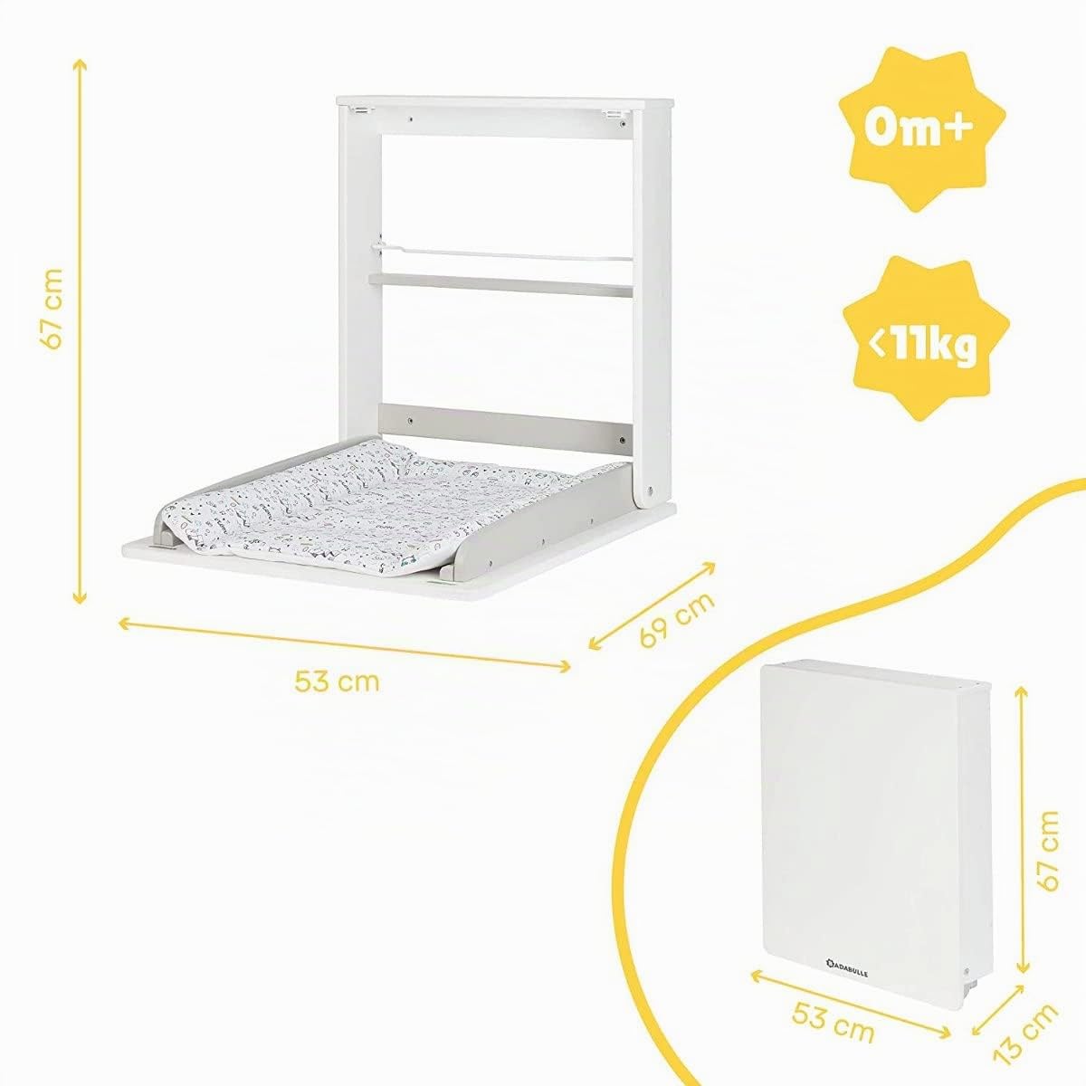 Badabulle Table à langer Pliable Plouf - Table à Langer Murale Rabattable - Ultra Compacte pour Petites Pièces - Matelas à Langer Inclus - Etagère Intégrée