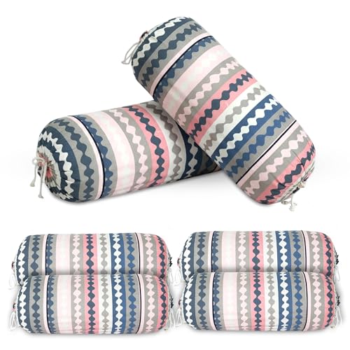 Image of GLUN Pack of 6 Zig Zag Multicolour Round Striped Bolster Pillow Covers, Size 16 inch x 30 inch (40 x 75 cm, Cream) Printed Polyester Silk Fabric for Living Room or Bedroom, Stylish & Modern Covers