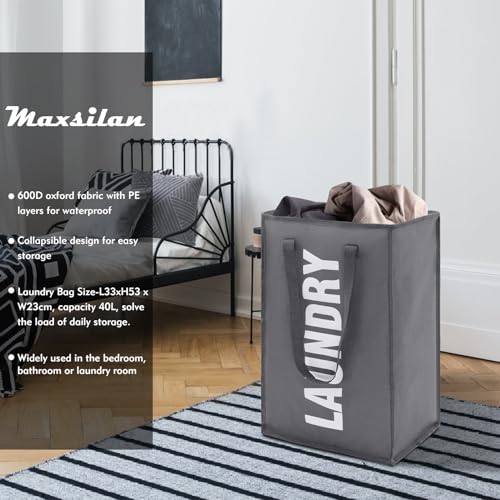 Maxsilan 50L Laundry Basket with Extended Handle, Collapisable Laundry Bag, Foldable Laundry Hamper, Folding Washing Storage Bin, Dark Grey - Cosy Home Interiors Maxsilan 50L Laundry Basket with Extended Handle, Collapisable Laundry Bag, Foldable Laundry Hamper, Folding Washing Storage Bin, Dark Grey - Image 2