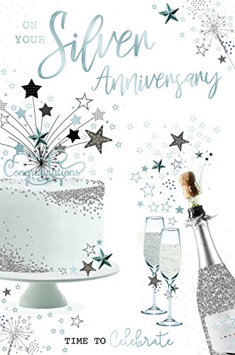 Happy 25th Silver Anniversary Champagne Cake Bunting Design Card Lovely Verse