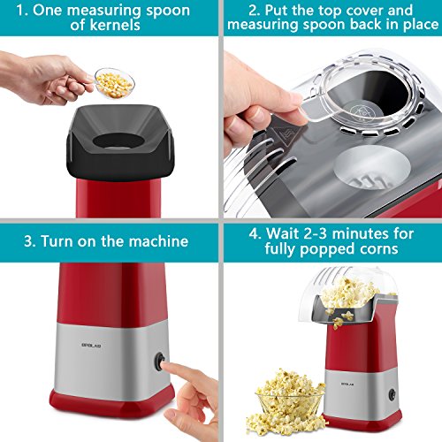 Hot Air Popcorn Poppers for Home, 1200W Popcorn Maker Machine for Healthy Snack, No Oil Needed (Red)