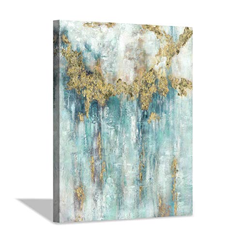 Hardy Gallery Aqual Abstract Artwork Canvas Painting: Abstract Wall Picture Painting with Gold Foil Prints on Canvas for Kitchen (18â€ x 24â€ x 1 Panel)