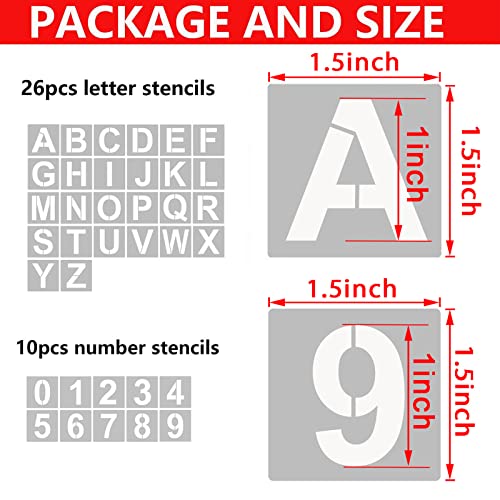 Image of YEAJON 1.5 Inch Letter and Number Stencils, 36 Pcs Alphabet Art Craft Set, Reusable Plastic for Wood, Wall, Fabric, Rock, Signage, DIY Art Projects