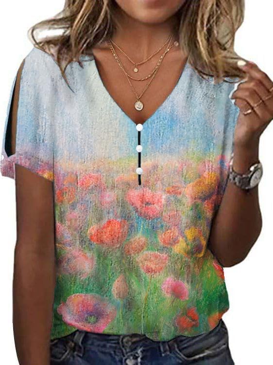 Boho Tops for Women Flower Print Fashion Summer Short Sleeve Tshirt Cute Casual Loo...