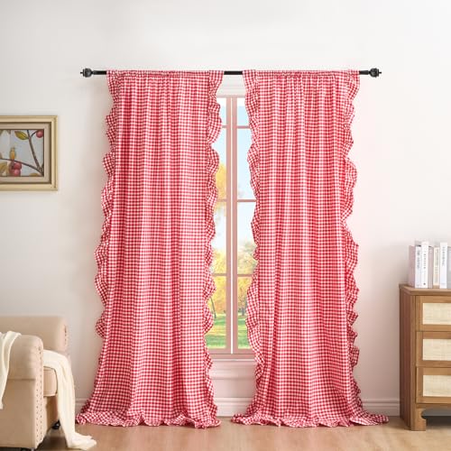 K MASANIJI Red White Plaid Gingham Ruffle Curtains 2 Panels 100% Washed Cotton Drapes for Bedroom Living Room Doorway Shabby and Chic Window Treatment Rod Pocket W52xH84