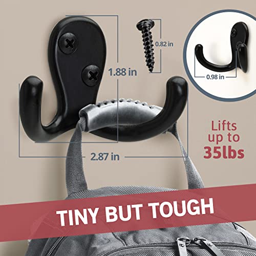 Jack N’ Drill 5 + 1 Pack Double Coat Hooks In Black Finish, Easy To Install, Stronger & More Durable For Heavy Items, Wall Mount Hook For Hanging Towels, Coats, Hats, Heavy Bags, And More #TOP1