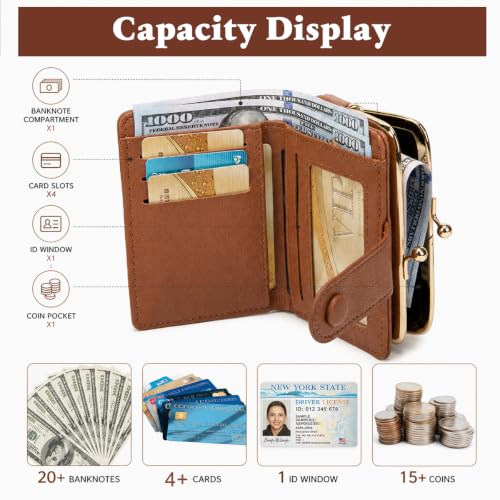 Image of PALAY Womens Leather Folding Wallet Compact PU Blocking Bifold Wallet with Card Slots Zipper Pocket and ID Window Brown for Daily Use and Travels