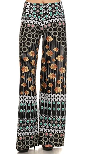 YELETE Women's High Waist Full Length Wide Leg Palazzo Pants with Fold Over Waist Band (Fish Floral-Small)