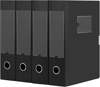 HUA JIE A4 Storage File Boxes Plastic Archives Cases with Lid, File Folder Organizer Document Filing Box for office,31×7.5×23.5 cm, Black(Pack of 4)