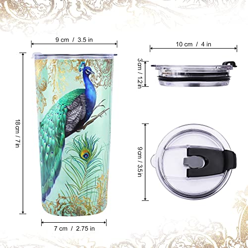 NymphFable 20oz Stainless Steel Tumbler with Lid and Straw Peacock Insulated Travel Mug Double Wall