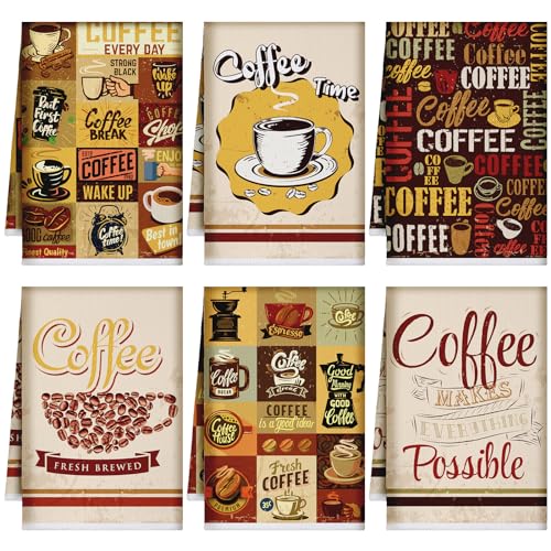 Image of Bencailor 6 Pcs Coffee Kitchen Towels Decorative Sets Dish Towels Absorbent Fast Drying Hand Tea Vintage Hanging Reusable Cleaning Dishcloths for Cooking Farmhouse Bathroom Accessory