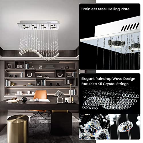 Siljoy Modern K9 Crystal Chandelier, 8-Lights Rectangle Flush Mount Ceiling Light, Wave Raindrop Crystal Pendant Lighting For Dining Living Room Bedroom, L31.5'' X W12'' X H28'' #TOP5