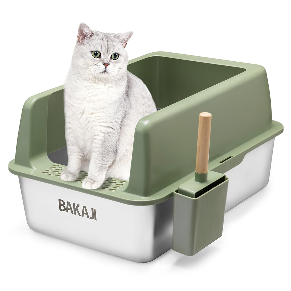 BAKAJI XXL offene Katzentoilette mit Stahlbasis mit sandabweisendem Rand, Schaufel und Behälter, schmutzabweisende Matte, rutschfeste Unterseite, Fassungsvermögen 35 l, 60 x 40 x 30 cm