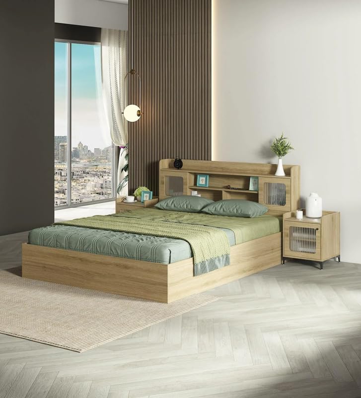 Image of Mintwud Pepperfry Engineered Wood Vida King Size Bed with Box Storage, Open Shelves and 2 Door | Wooden Double Bed Cot Palang Furniture for Living Room Bedroom Home and Hotels (Santana Oak Finish)