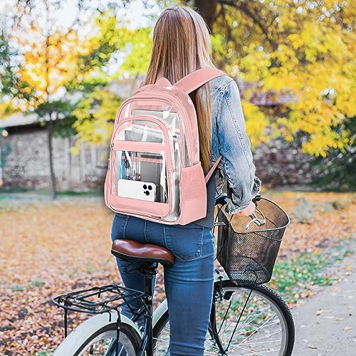 Image of KIMNERPU Clear Backpack, Heavy Duty PVC Transparent Backpack with Reinforced Straps, See Through Multiple Pockets Large Capacity Bookbag for Concert Sport Event Work Security Travel Festival (Pink)